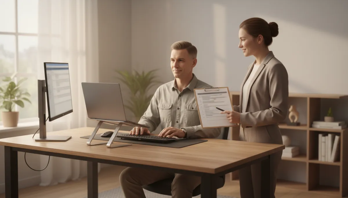 photorealistic warm neutral-toned office scene showing a veteran at a sit-stand desk using a laptop with ergonomic accessories, counselor standing nearby pointing to an accommodation checklist on a clipboard, calm and supportive atmosphere