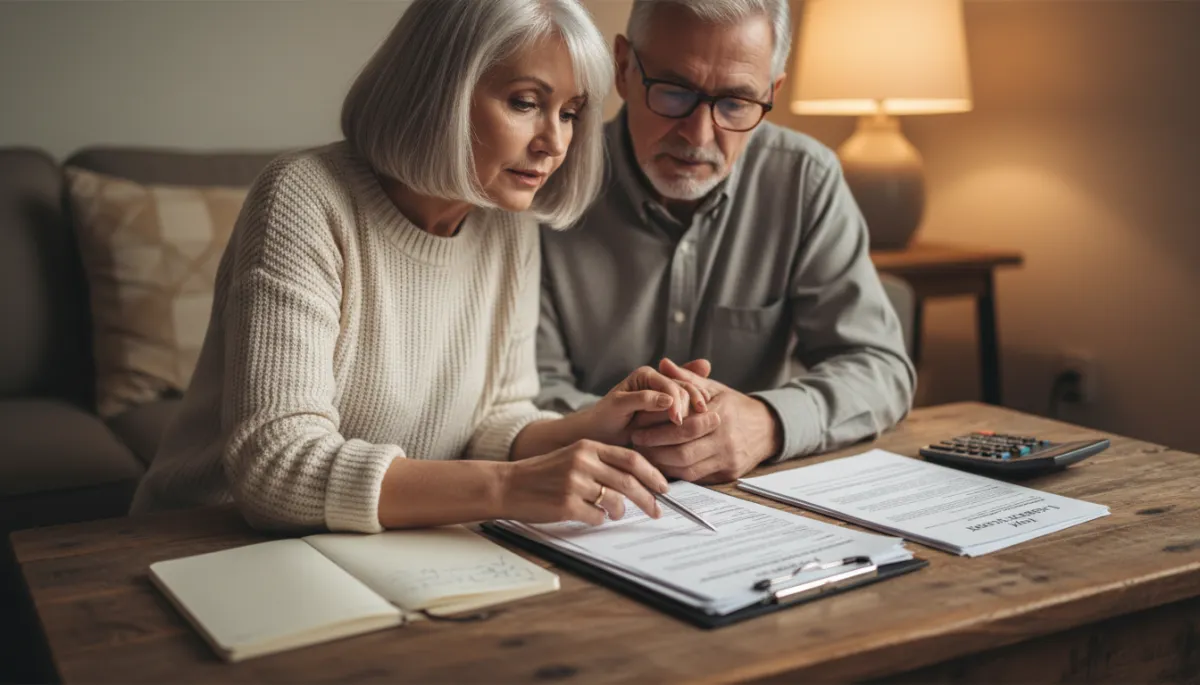 Veteran couple reviewing loan paperwork with a calculator on a coffee table