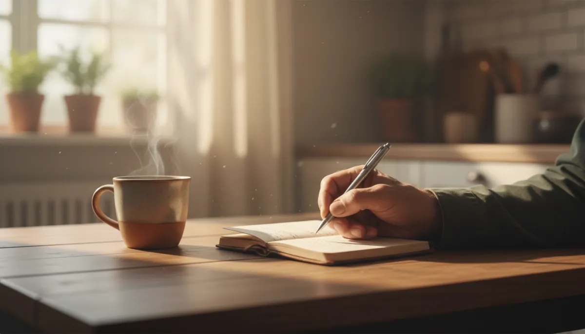 Veteran journaling at a kitchen table with warm morning light