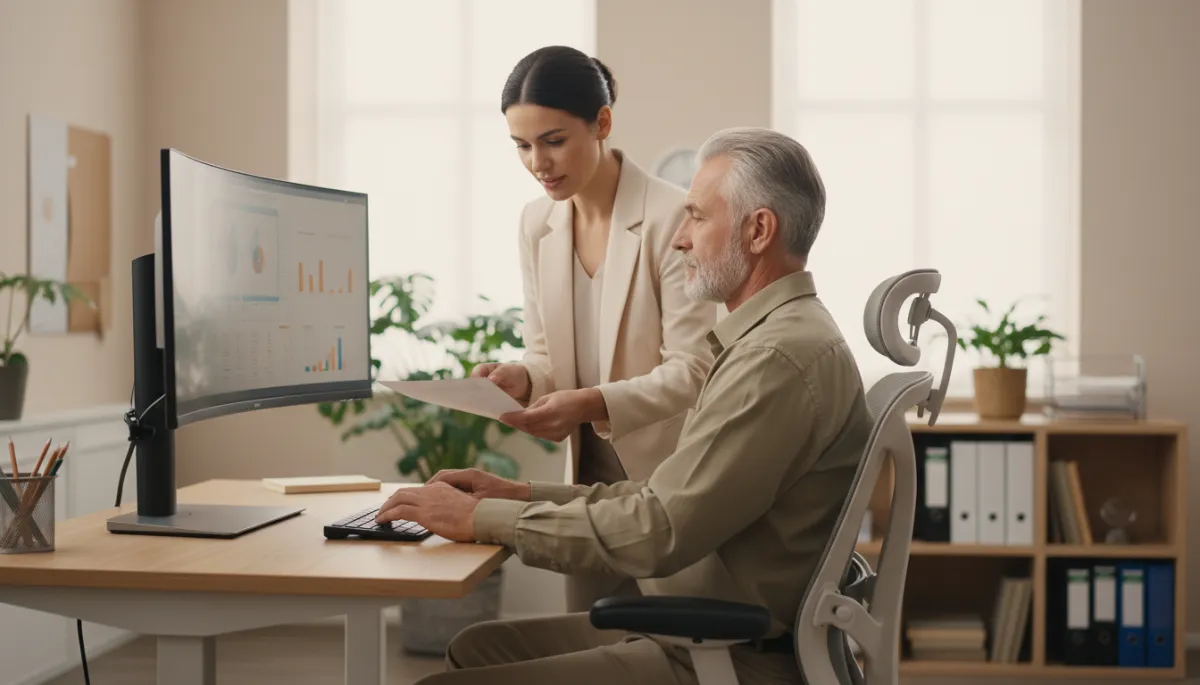 Veteran using ergonomic work accommodations in an office setting