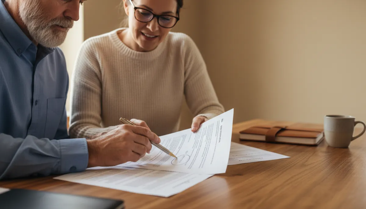Veteran and advisor reviewing loan agreement details in warm neutral tones
