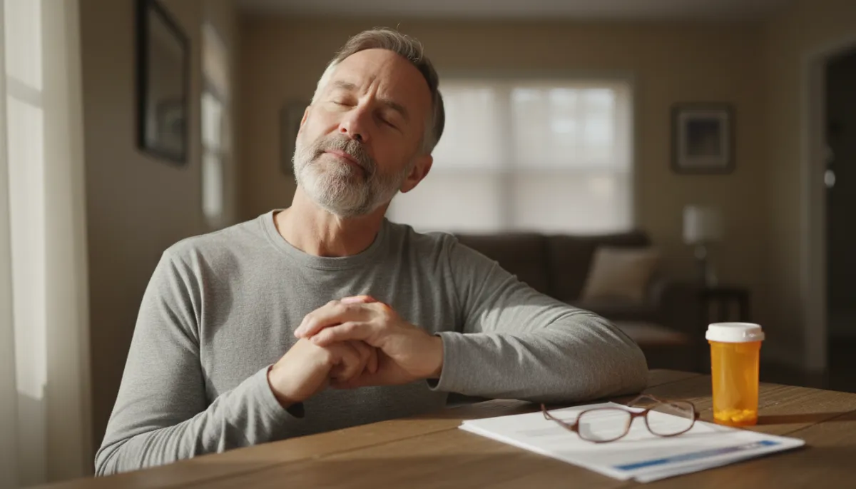 Veteran managing chronic neck pain at home with exercises and medication