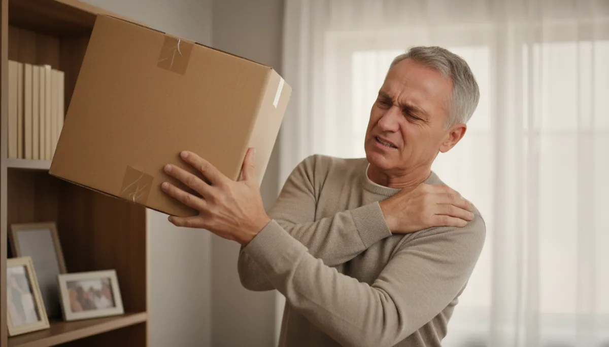 Veteran struggling with shoulder pain while lifting a box at home
