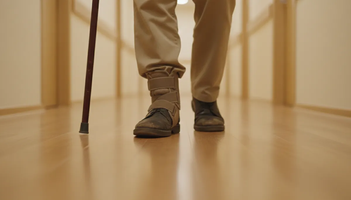Veteran walking carefully with a cane due to ankle pain