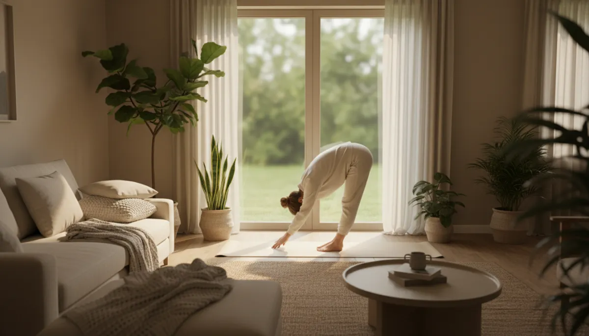 Person stretching on a yoga mat in a cozy warm neutral living room