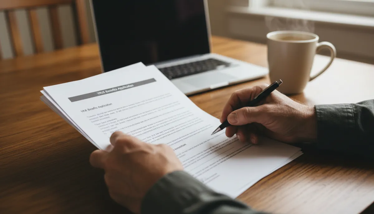 Organized VR&E paperwork and notes prepared by a veteran