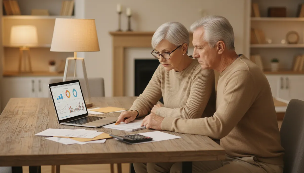 Veteran couple reviewing bills and a credit report at a dining table