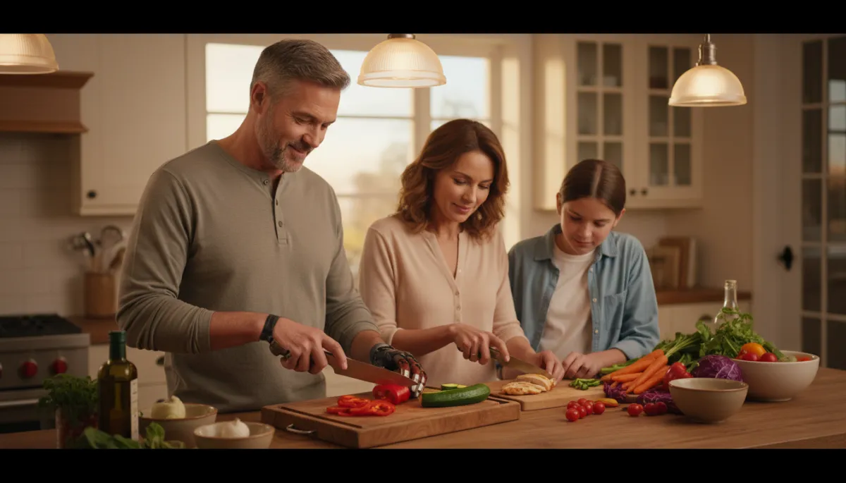 Veteran and family preparing a colorful, balanced meal together in a warm kitchen