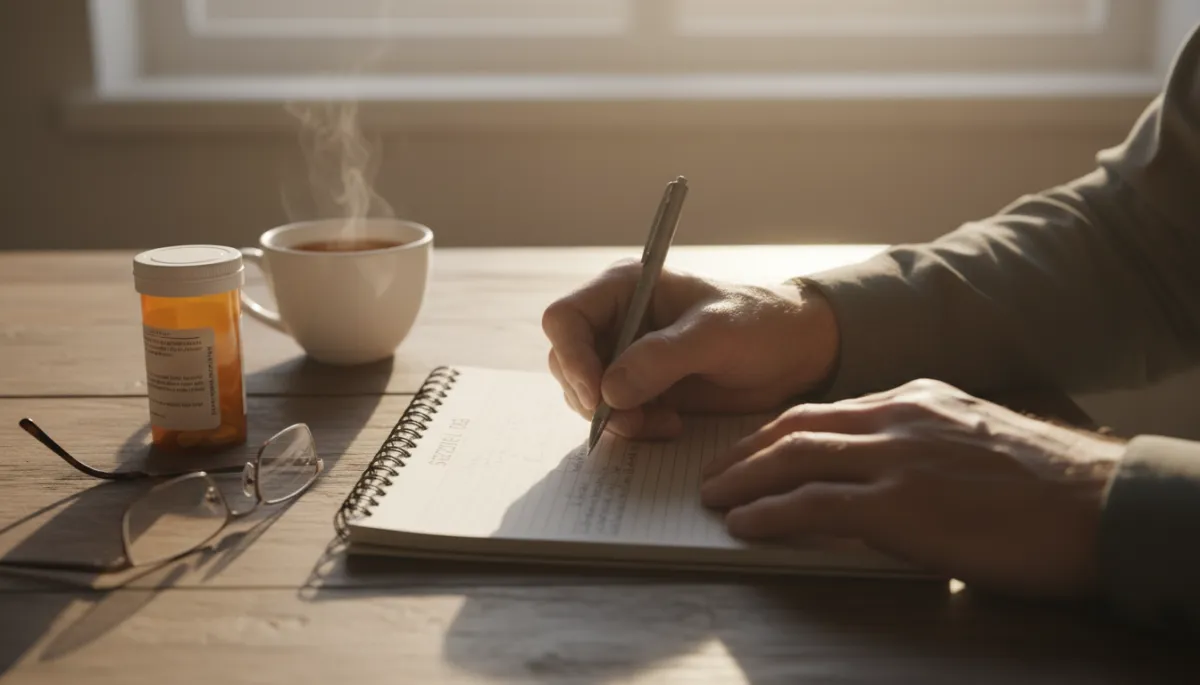 Veteran maintaining a seizure log alongside medication and personal items