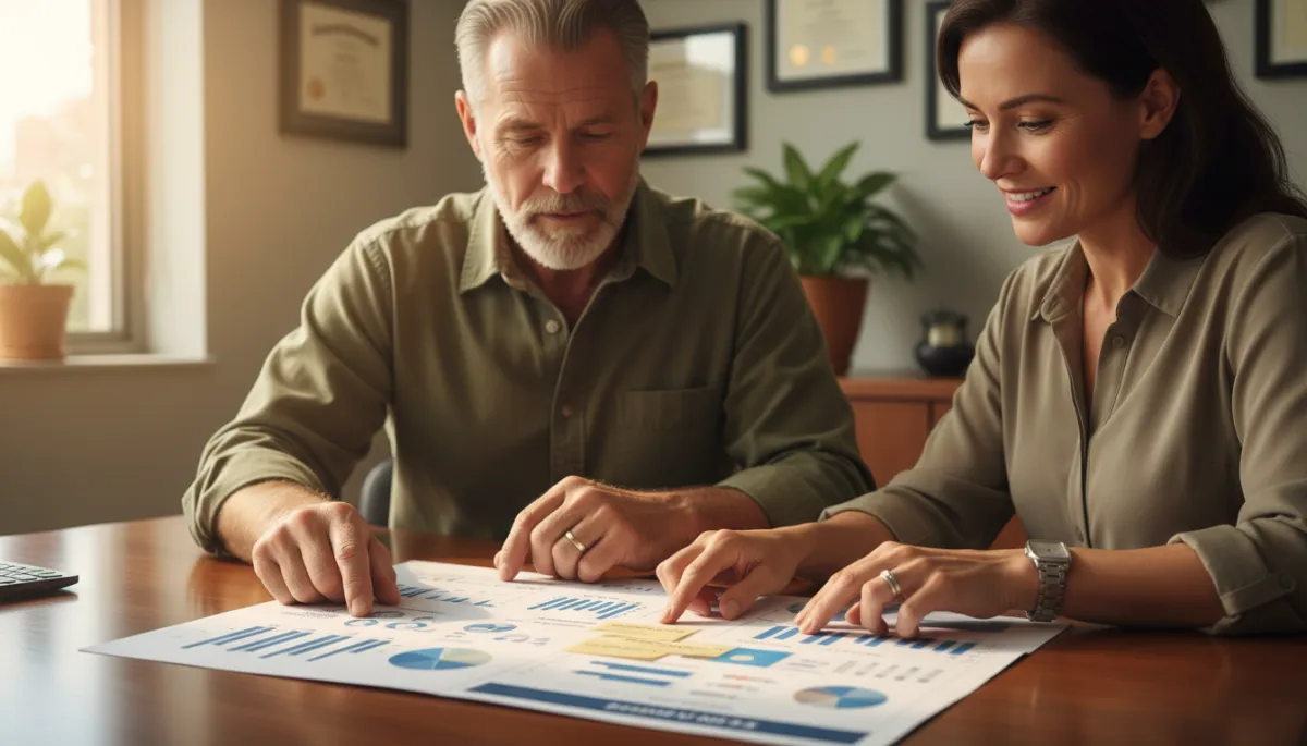 photorealistic close-up of a veteran and a professional counselor sitting at a table in a VA office, both reviewing a printed education plan with charts and notes, warm neutral tones, soft daylight from a window