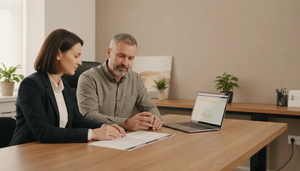 photorealistic warm neutral scene of a Veteran meeting with a financial counselor in a small office, both looking at a printed budget and laptop, soft beige walls and wooden desk, calm and focused expressions photorealistic warm neutral scene of a Veteran meeting with a financial counselor in a small office, both looking at a printed budget and laptop, soft beige walls and wooden desk, calm and focused expressions
