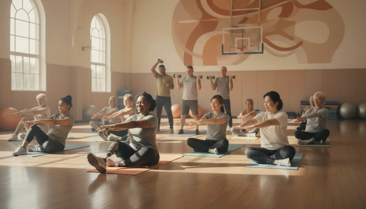Veterans participating in a light group workout and stretching session