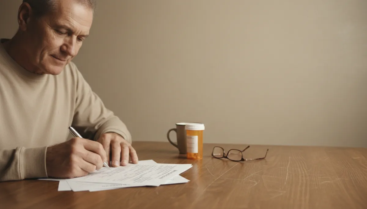 photorealistic warm neutral-toned scene of a veteran at a wooden kitchen table filling out medical and VA claim forms, prescription bottle and glasses nearby, soft overhead lighting and muted beige background
