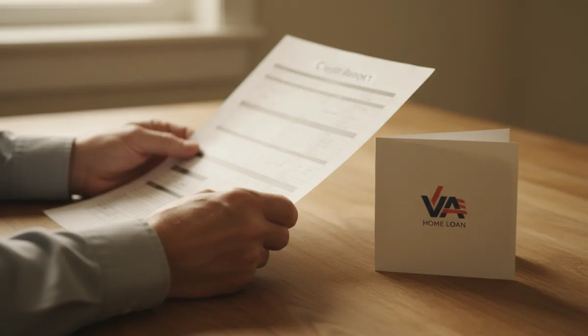 Veteran reviewing a printed credit report alongside VA home loan information in warm neutral tones