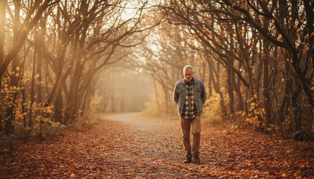 Veteran taking a peaceful walk along a tree-lined path