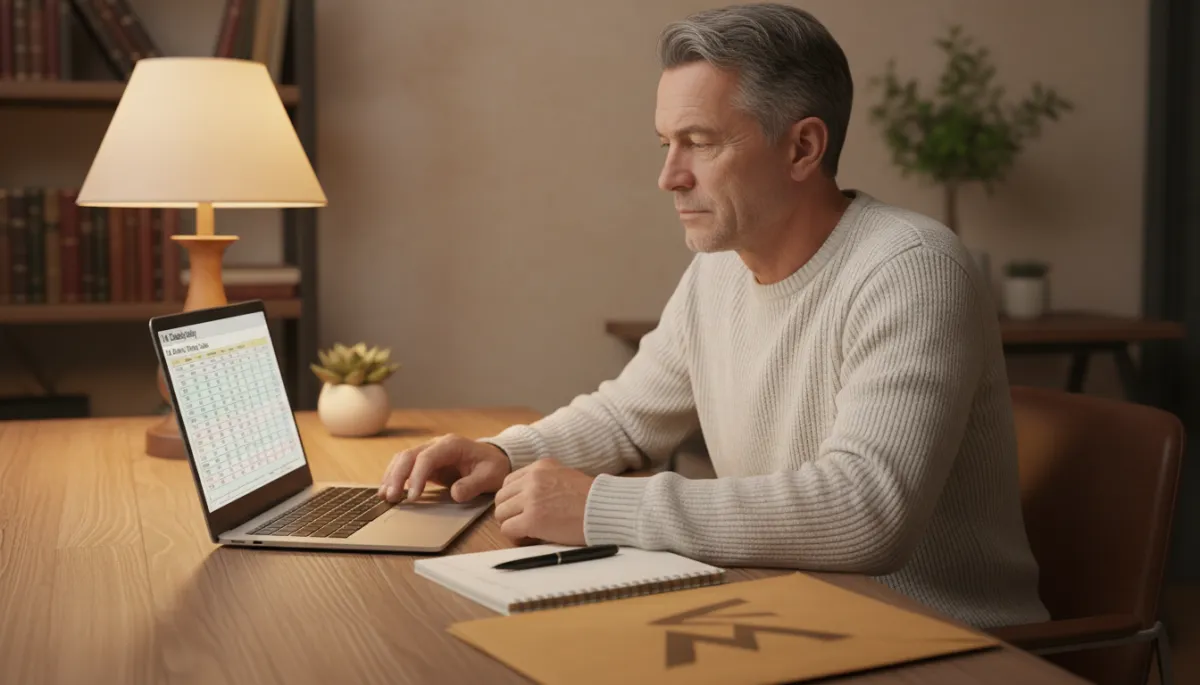 Veteran studying VA rating criteria on laptop with notes and VA documents