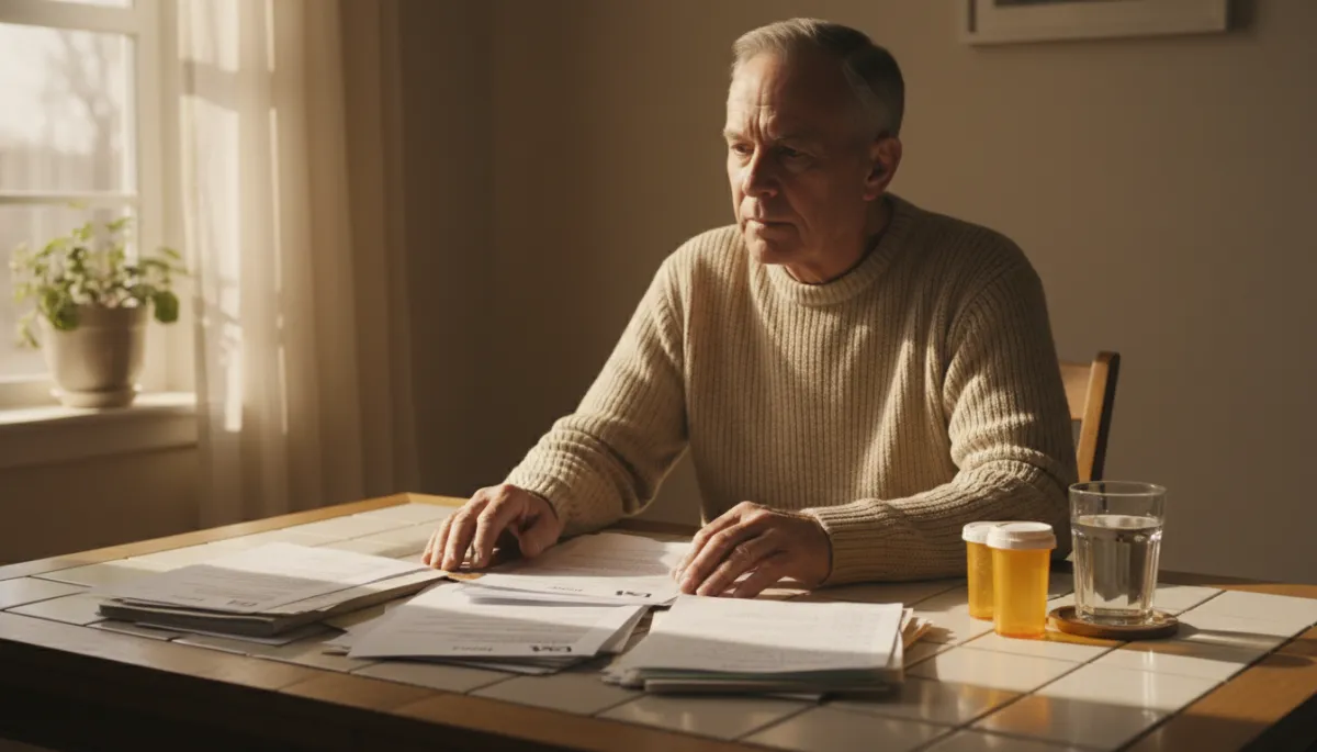 Veteran reviewing GERD-related VA rating paperwork and medical evidence at home