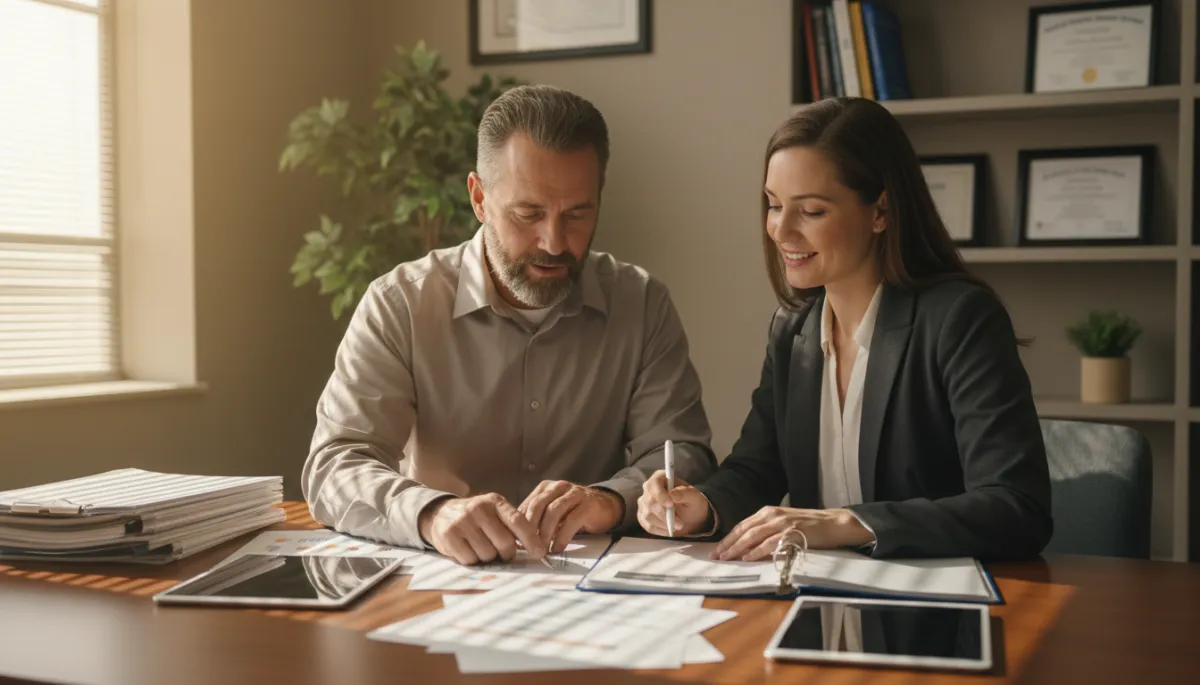 Veteran and counselor reviewing VR&E documents together in a warm, neutral-toned office