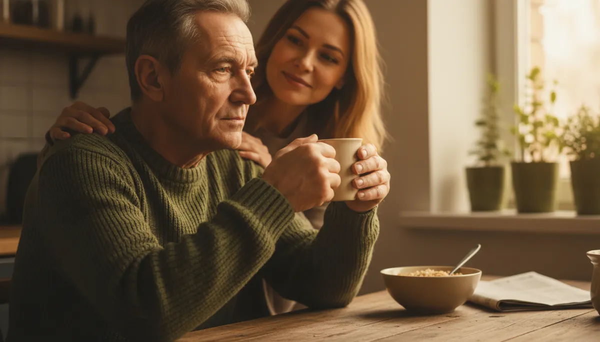 Veteran sitting at a kitchen table with a supportive family member nearby