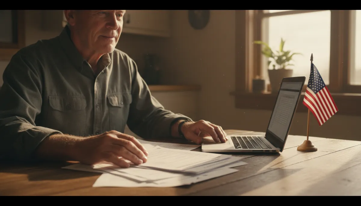 Veteran reviewing Kansas tax and benefit paperwork at home