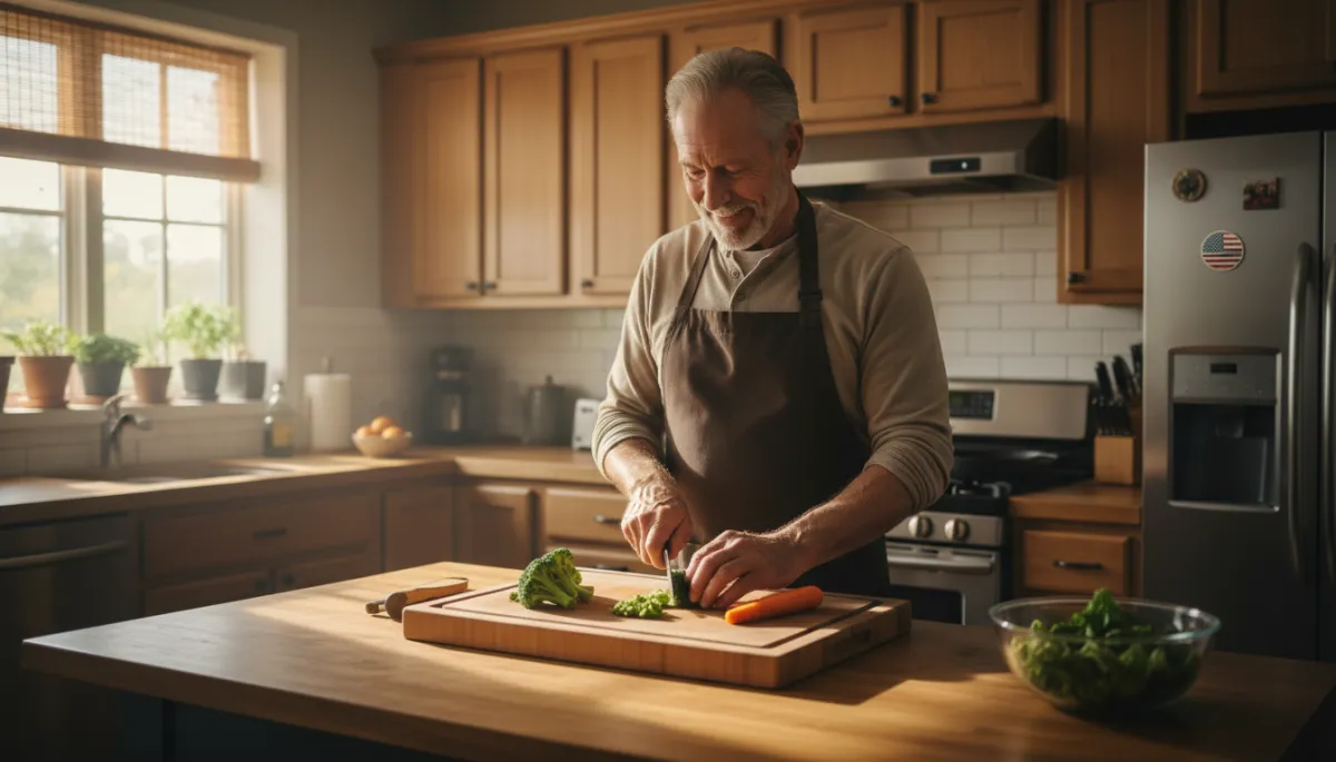 Veteran preparing a healthy meal in a warm, cozy kitchen