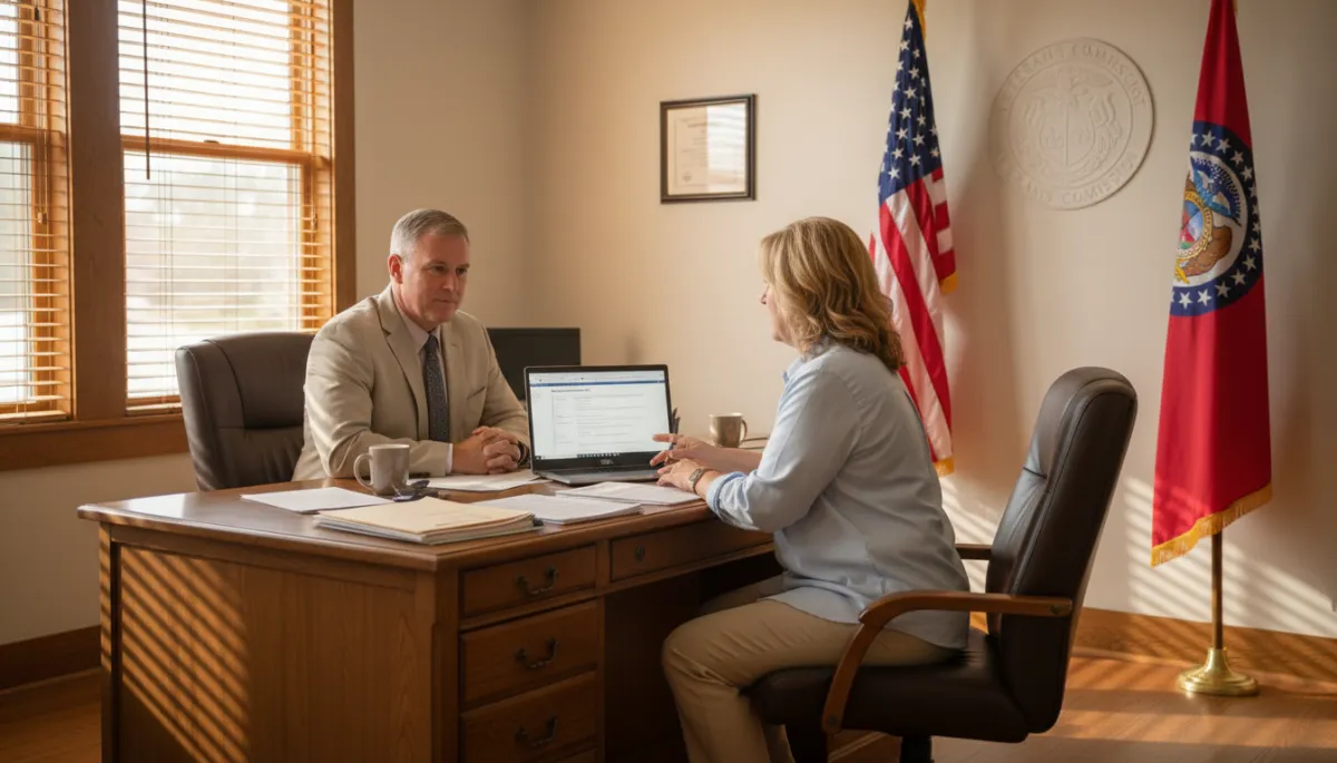 photorealistic warm neutral interior of a Missouri veterans service office, veteran sitting confidently at a wooden desk with a VSO reviewing benefit forms on a laptop, soft window light, American and Missouri flags in background
