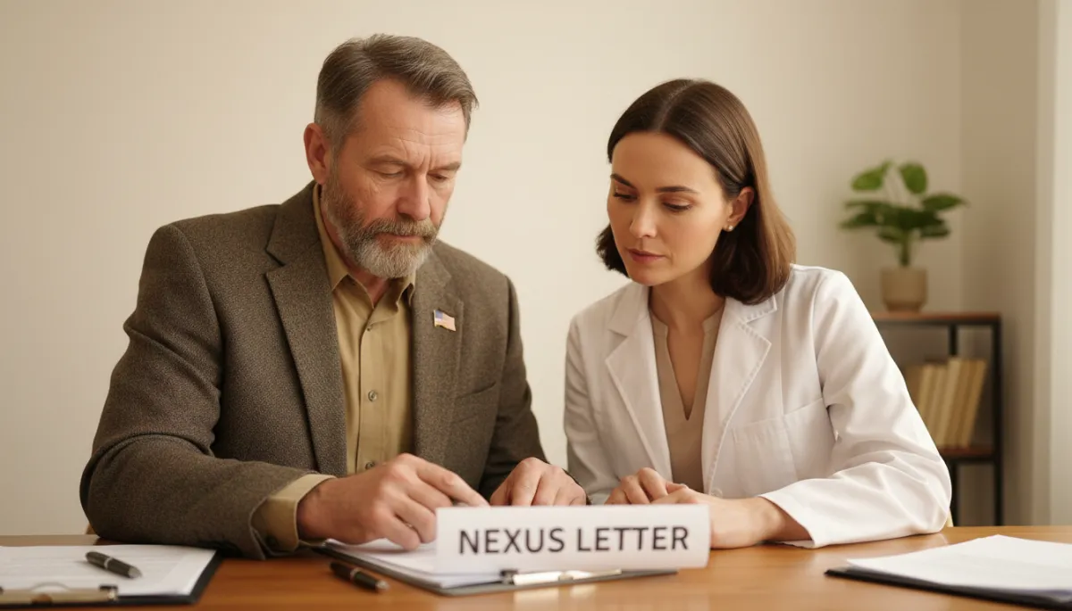 Veteran and doctor reviewing medical nexus evidence for a VA claim