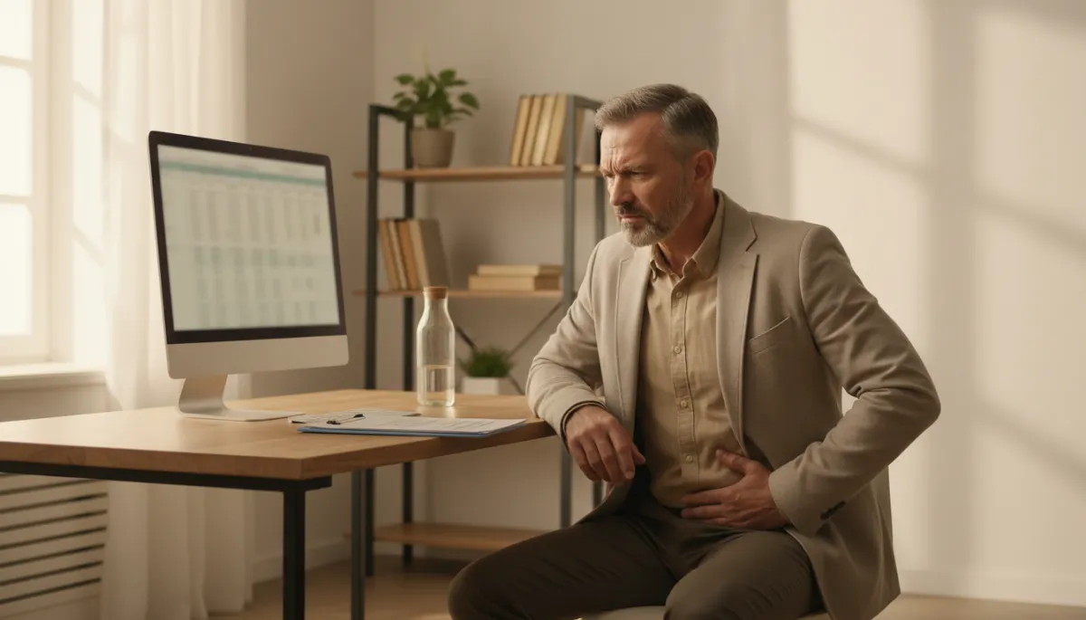 Veteran at work managing digestive discomfort while looking at a computer screen