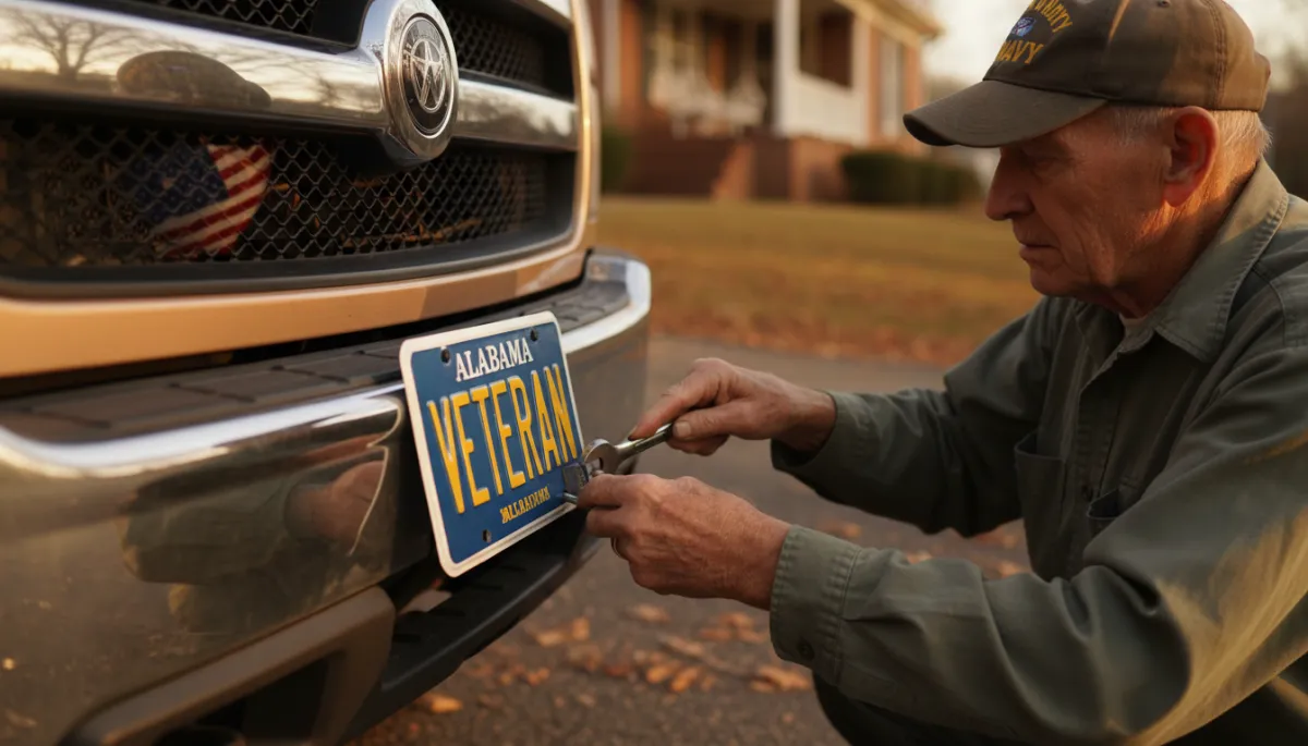 photorealistic close-up of an Alabama veteran in warm neutral tones pinning a veteran license plate onto a truck in a driveway, soft late-afternoon light, American flag subtly reflected in the truck window photorealistic close-up of an Alabama veteran in warm neutral tones pinning a veteran license plate onto a truck in a driveway, soft late-afternoon light, American flag subtly reflected in the truck window