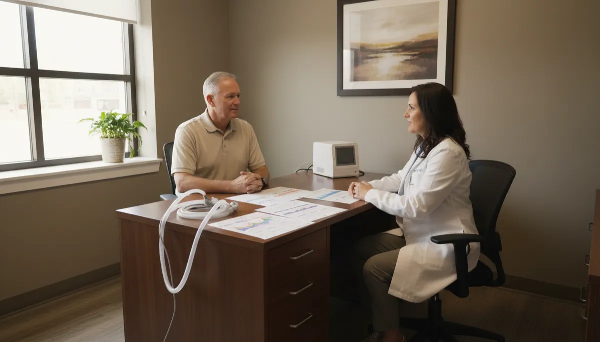 Veteran and clinician reviewing Sleep Apnea test results in a VA clinic