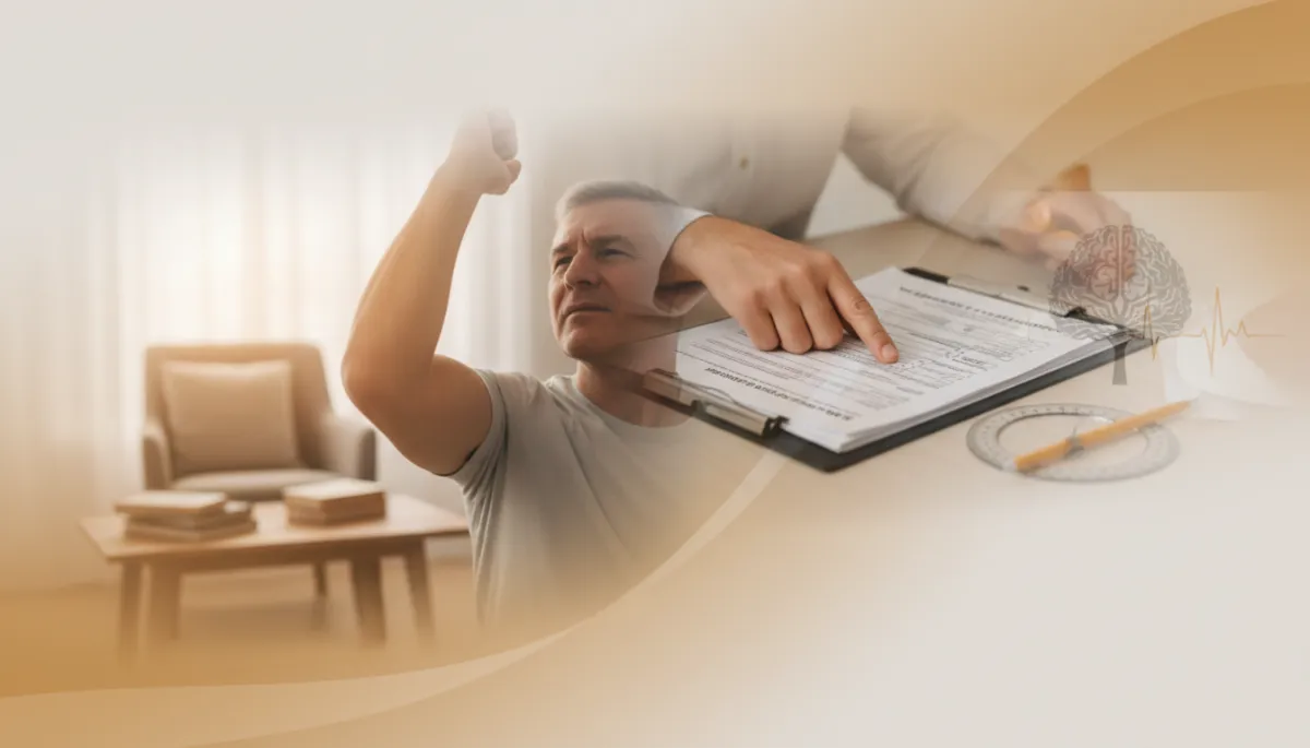 Veteran in clinic exam room discussing shoulder pain evaluation
