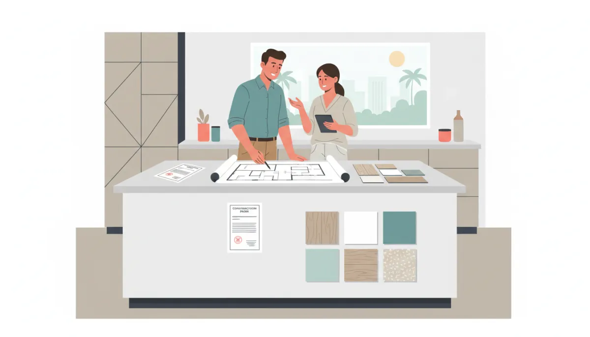 Homeowner and contractor planning a Boca Raton whole-home remodel with permits and samples