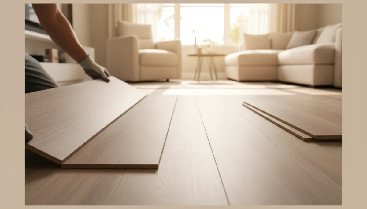 Photorealistic flooring installation with light wood-look planks in a Boca Raton living room