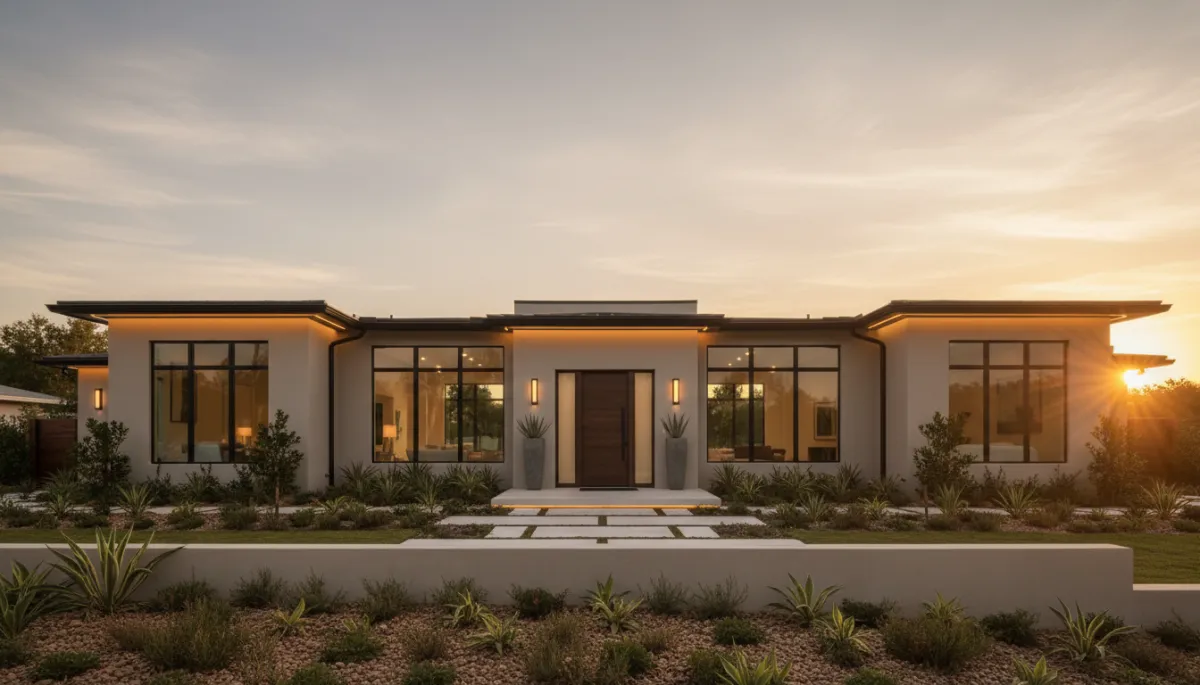 Photorealistic remodeled Boca Raton home exterior with impact windows and warm neutral palette