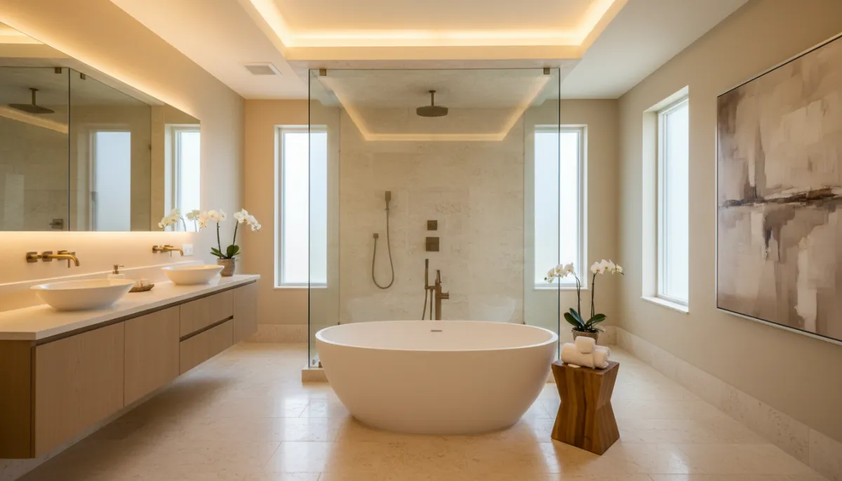 Photorealistic spa-style remodeled bathroom with freestanding tub and warm neutral finishes