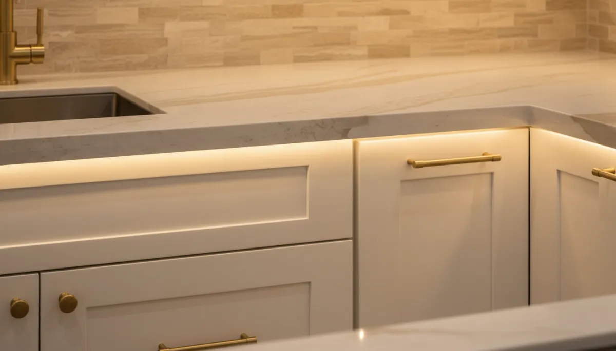 photorealistic close-up of warm neutral quartzite countertops, soft matte cabinets, brass hardware, and under-cabinet lighting in a Boca Raton kitchen