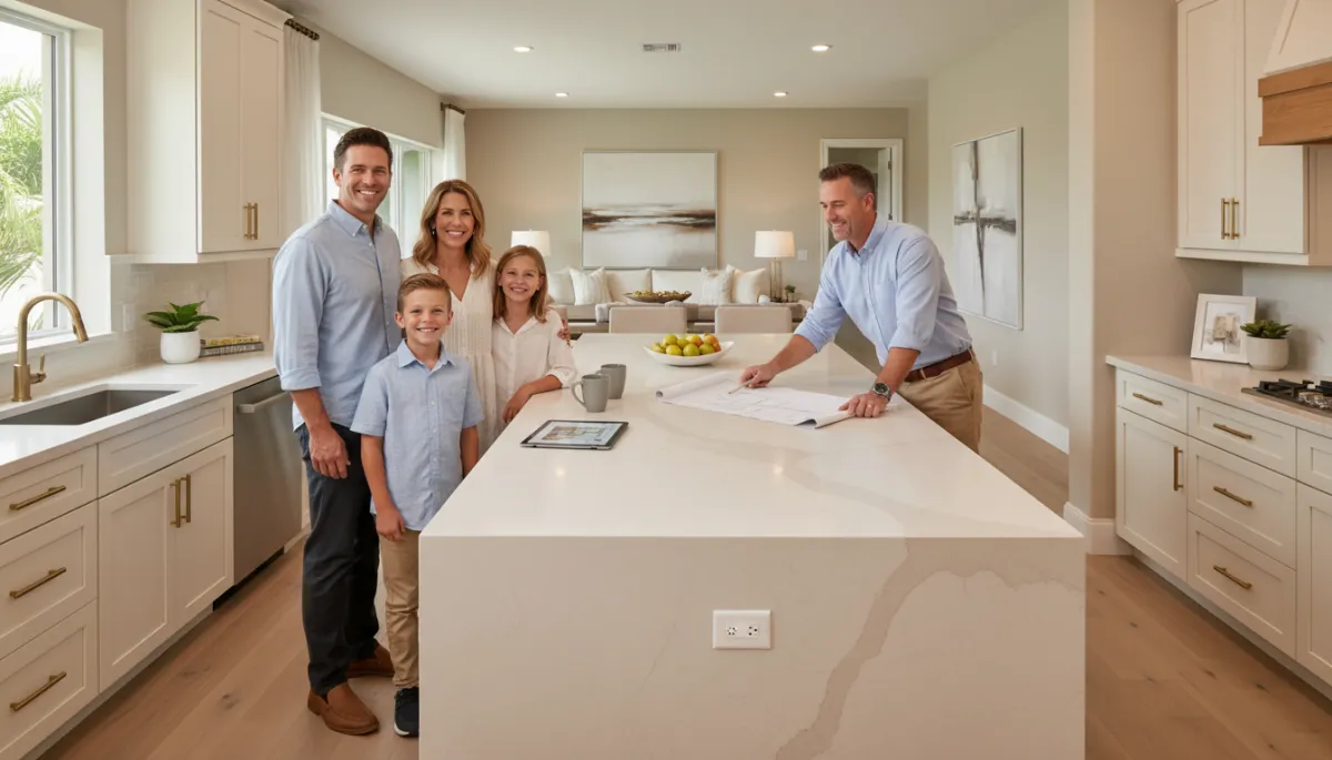 photorealistic Boca Raton family standing in a newly remodeled warm neutral kitchen with large island, smiling and reviewing plans with a contractor