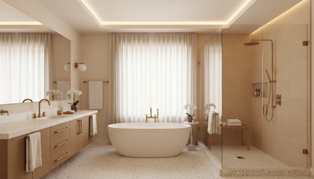 Spa-inspired luxury bathroom with freestanding tub and brass fixtures