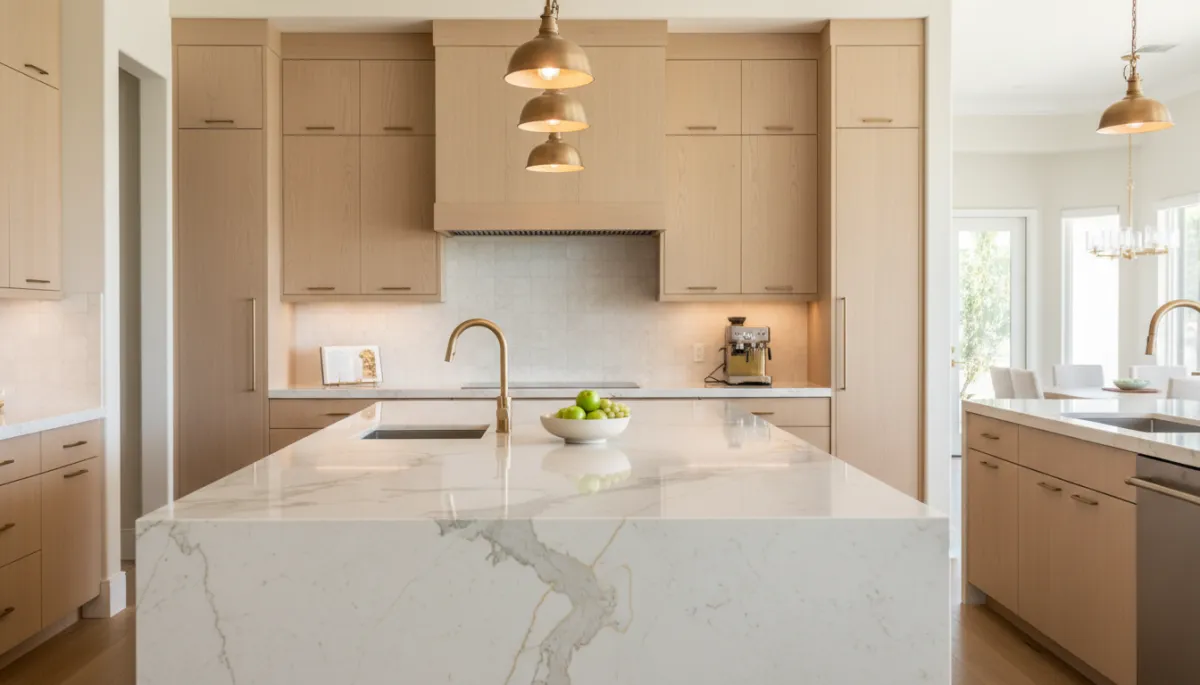 Luxury Boca Raton kitchen with quartzite waterfall island and warm wood cabinetry