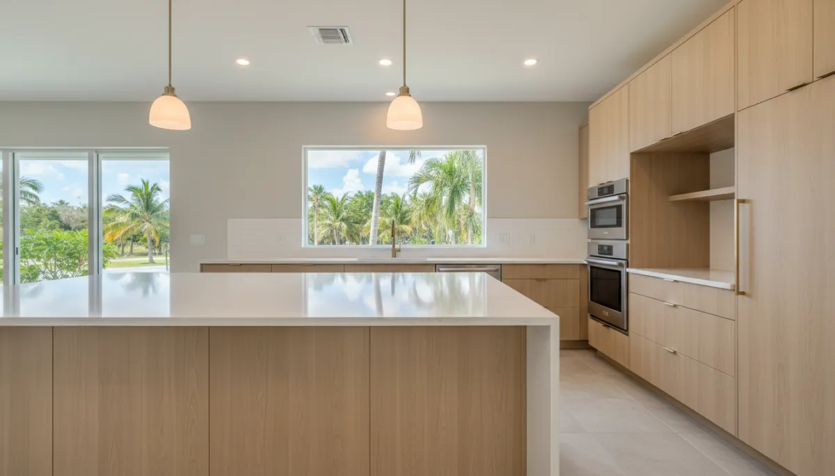 Photorealistic remodeled Palm City kitchen in warm neutral colors with large island
