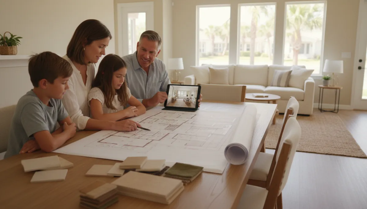 Photorealistic Palm City homeowners reviewing remodeling plans with a contractor
