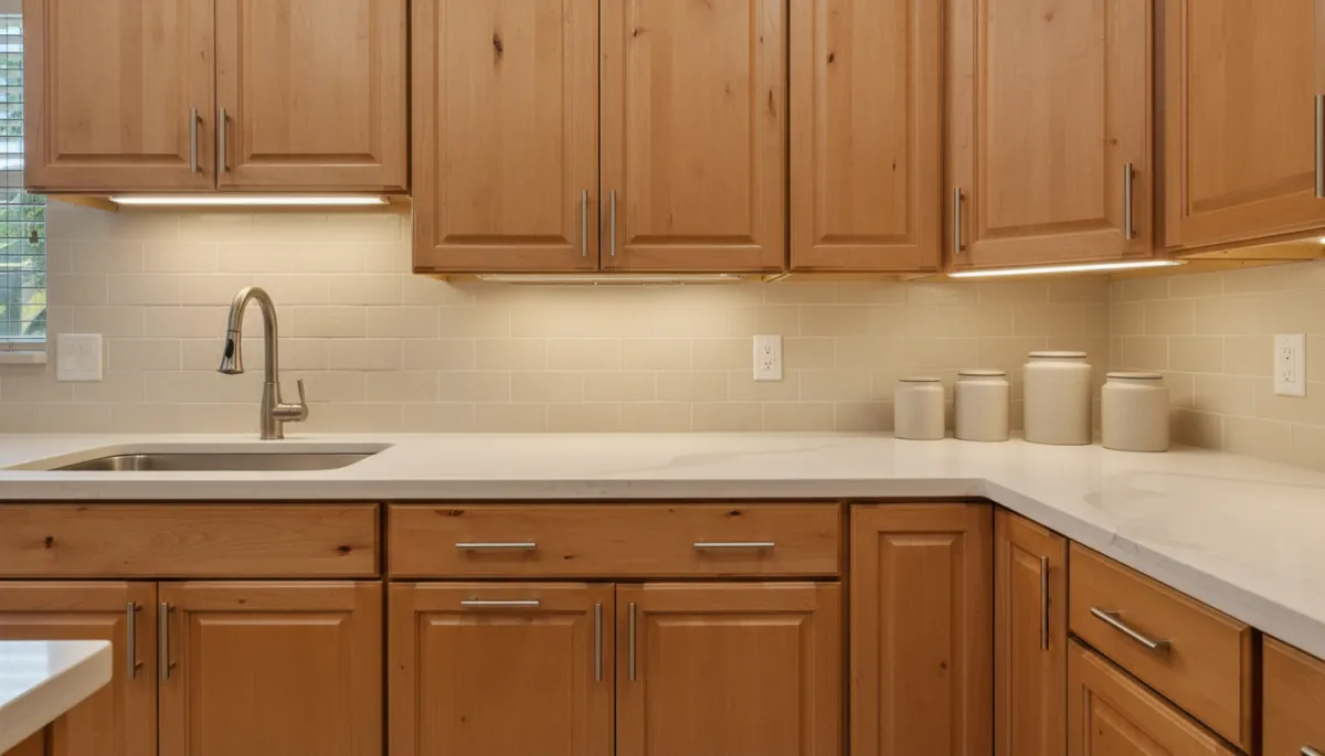 Warm wood cabinets with light quartz countertops in a Palm City kitchen