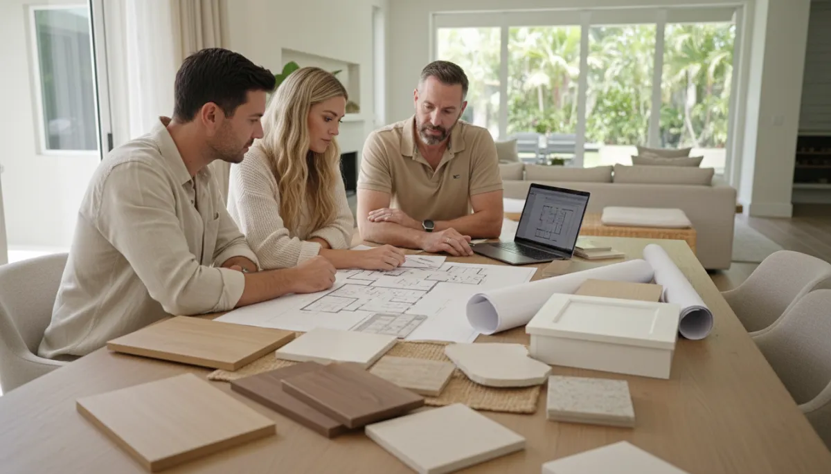 Homeowners reviewing Palm City kitchen remodel plans with contractor