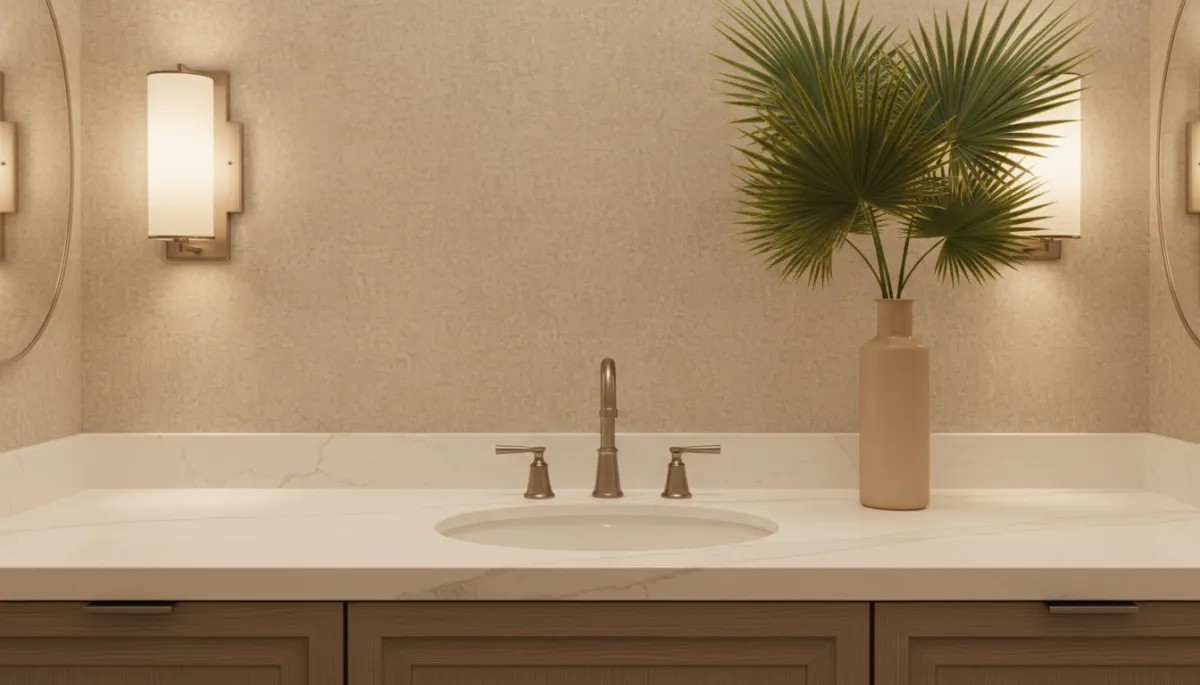 Photorealistic warm neutral bathroom vanity with updated lighting and fixtures