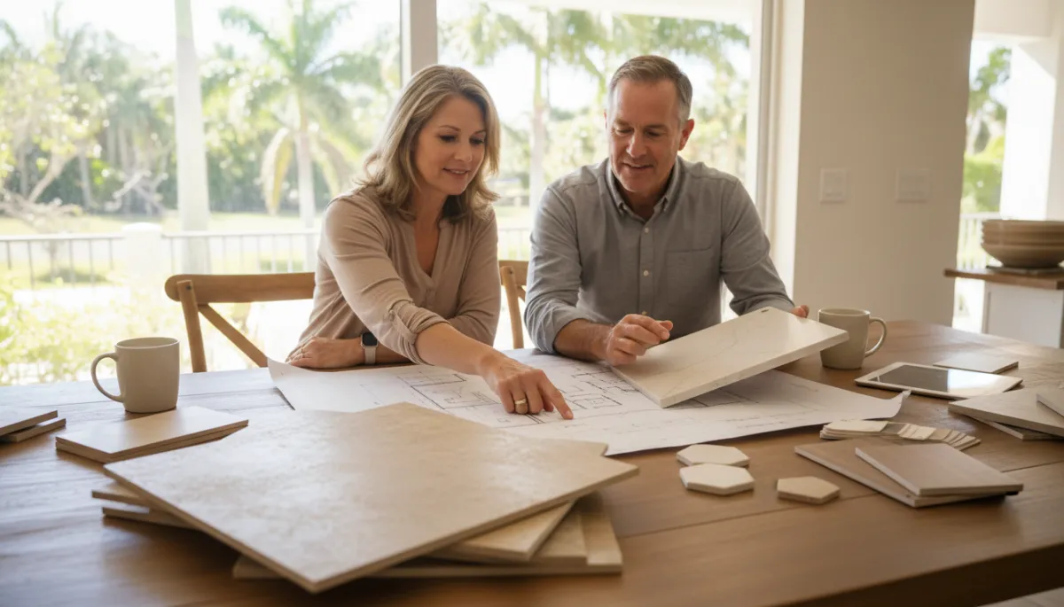 Photorealistic Palm City homeowner reviewing bathroom remodeling plans and material samples