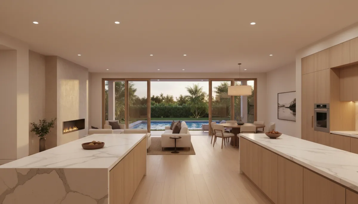 photorealistic wide view of a remodeled open-concept Boca Raton living room and kitchen in warm neutral tones, large sliding glass doors to pool, light wood flooring, quartz island, soft evening light