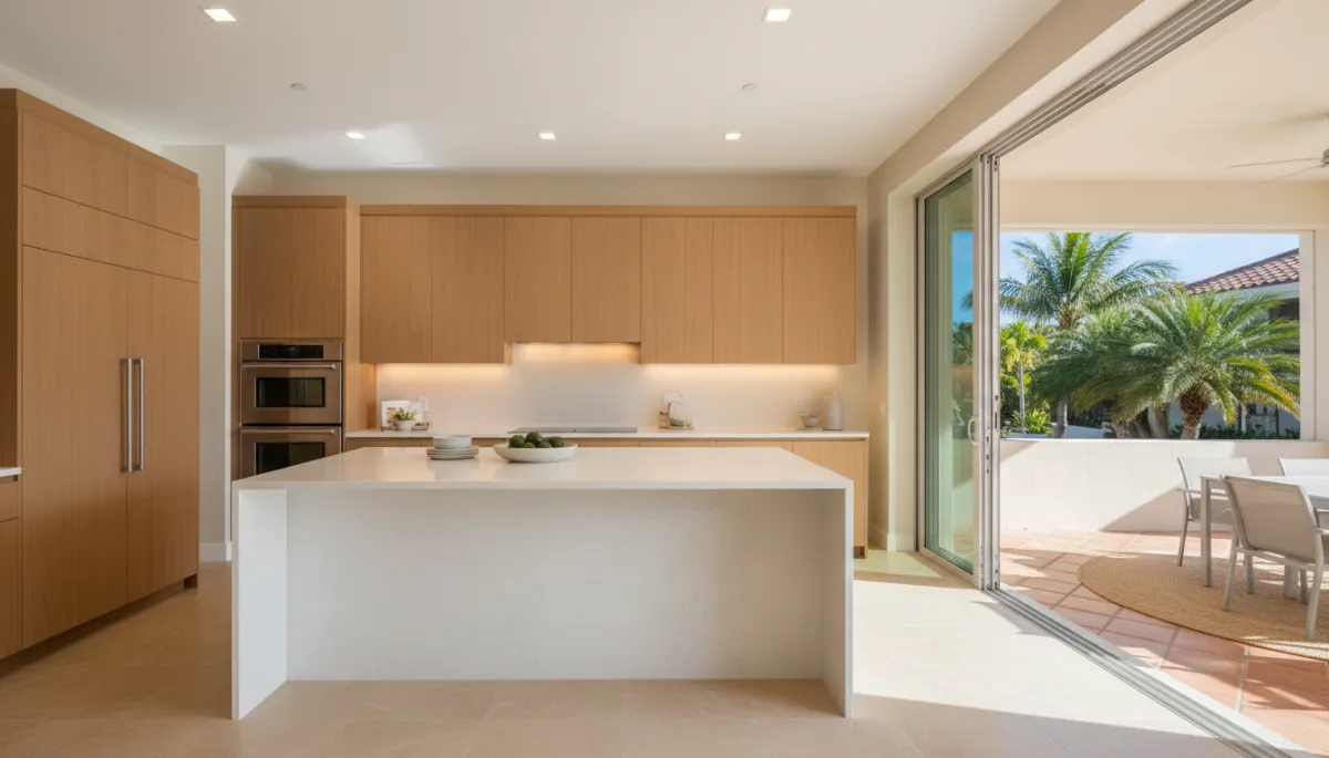 photorealistic warm neutral-toned Boca Raton kitchen with large waterfall island, wood cabinets, soft under-cabinet lighting, and sliding glass doors opening to a sunny patio