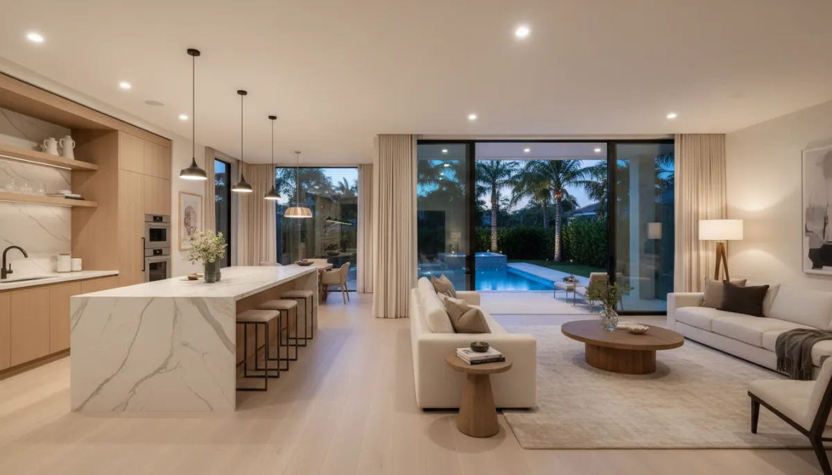 photorealistic wide view of a luxury open-concept living room and kitchen in Boca Raton, warm neutral palette, white oak floors, marble island, floor-to-ceiling glass doors opening to a lit pool patio at dusk