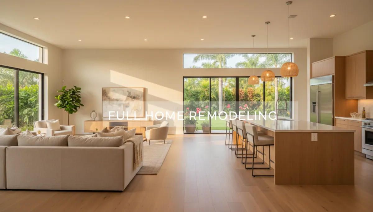 photorealistic wide shot of a bright open-concept living room and kitchen in a Palm City Florida home, warm neutral tones, wood floors, soft beige sofa, large windows with tropical greenery outside, subtle text overlay about full home remodeling