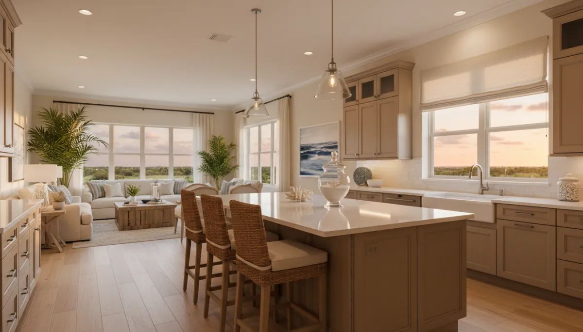 photorealistic wide kitchen in a Palm City Florida home, open to a bright living area, warm neutral cabinets, light quartz countertops, large island with barstools, subtle coastal decor, evening light through windows